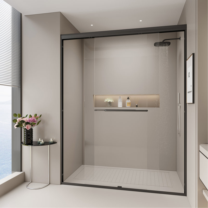 56-60 In. W X 72 In. H Double Sliding Shower Door, Semi-Frameless Bathroom Sliding Door With 1/4" (6Mm) Tempered Glass For Walk-In Shower, Matte Black
