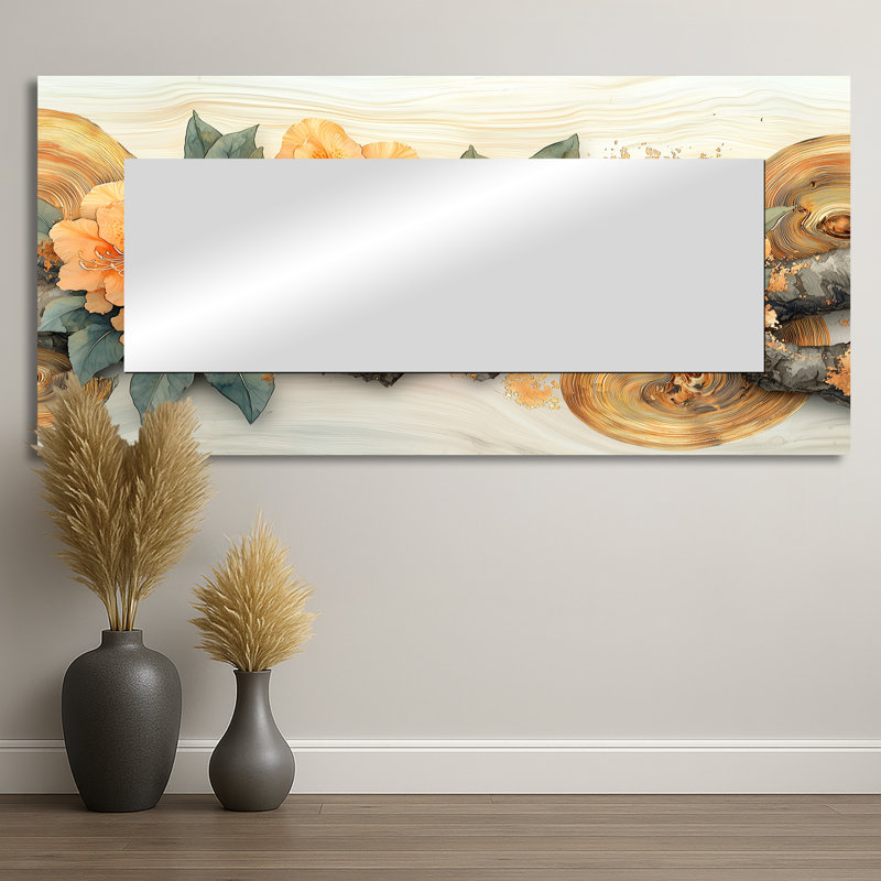 Fleurs de rhododendron d'été sur une rivière en bois I - décoration murale miroir floral - imprimé sur métal, 28 po x 60 po