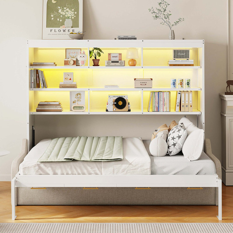 Lit armoire pleine grandeur avec canapé pliant, tablettes de rangement intégrées et éclairage DEL, beige, Lit double