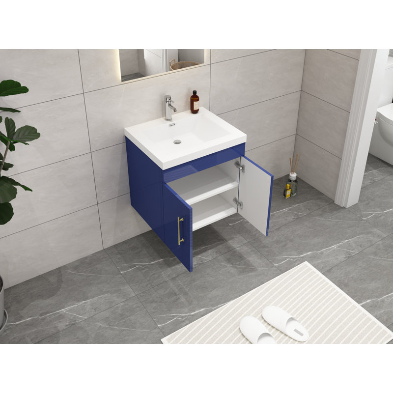 Ensemble de meuble-lavabo simple mural 24 po Carliss, Bleu nuit, Argent