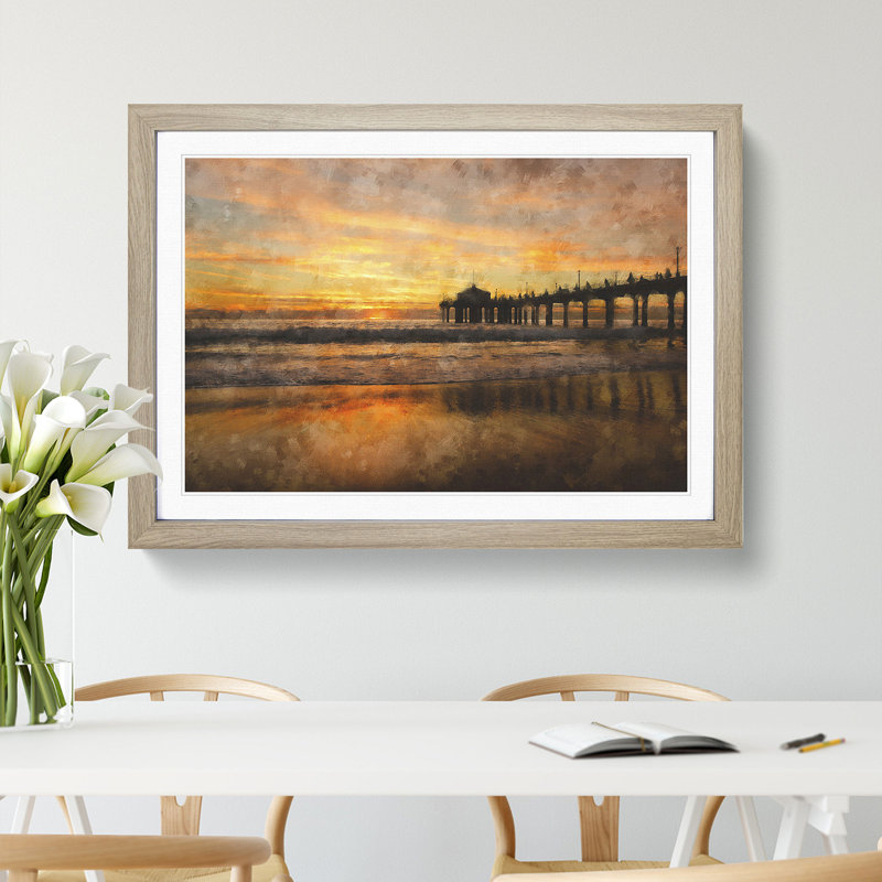 Sunset Behind the Pier - Picture Frame Painting Print, Oak Framed, 33cm H x 45cm W x 2cm D