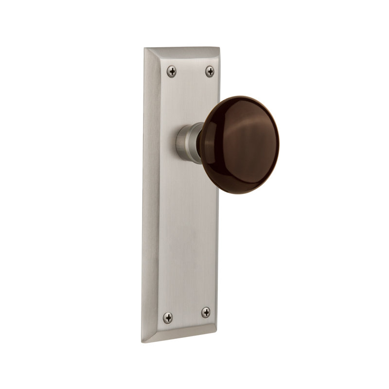 New York Plate with Brown Porcelain Door Knob, Satin Nickel