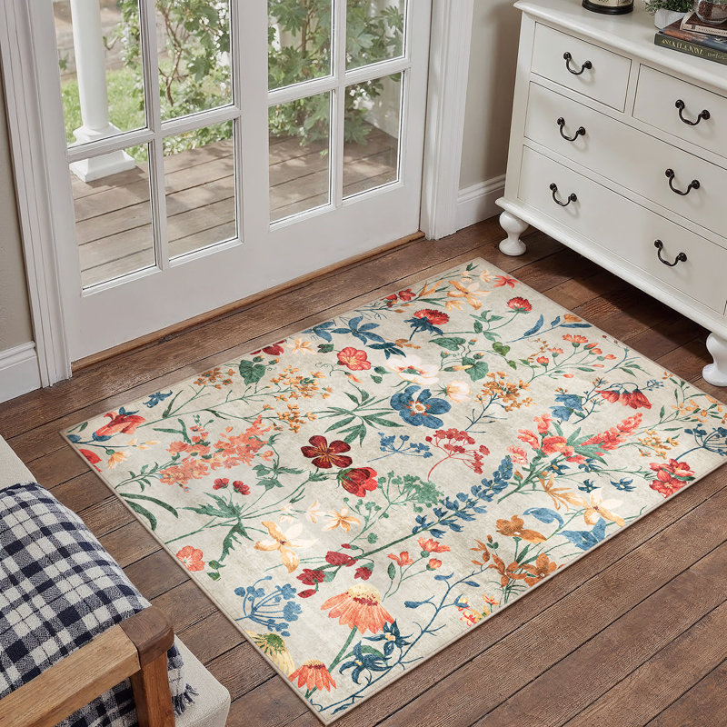Cherry Machine Washable Floral Area Rug With Non-Slip Backing, Rectangle 2' x 3', Beige