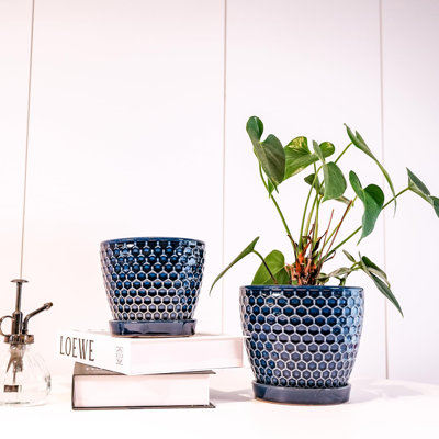 2 Piece Ceramic Plant Pot with Drainage Holes and Saucers