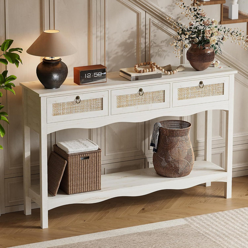 51" Rattan Console Table with Wave Design & 3 Drawers for Entryway