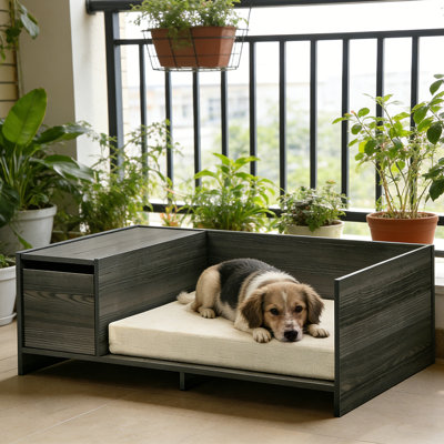 Wooden Pet Bed with Removable Cushion Cover and Side Storage Compartment, Pet Cat Stool Bed for Medium and Small Size Dog Cat, Gray, 47"W x 24"D x 13"H