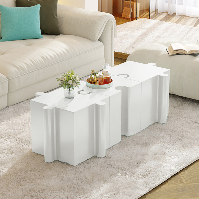 Ensemble de 3 tables de casse-tête artistiques, tables d'appoint modulaires à emboîtement (2 convexes et 1 concave), Blanc