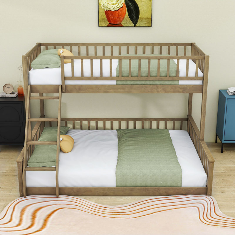 Twin XL Over Queen Wood Bunk Bed With Ladder & Guardrails, Detachable Design, Walnut