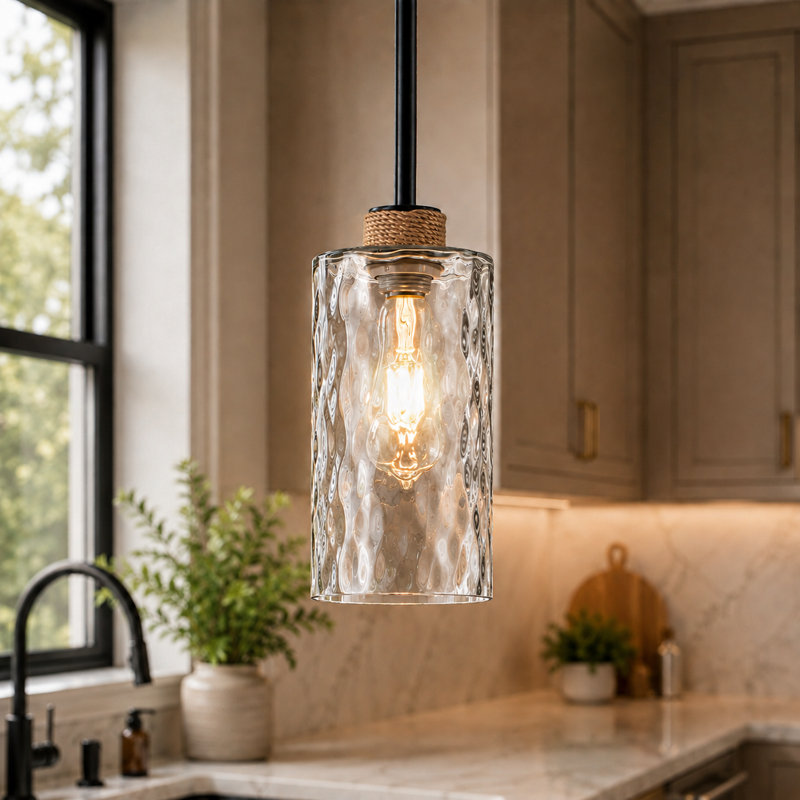 1-Light Simple Glass Pendant Light with Linen, Adjustable Swivel Canopy for Kitchen Island, Dining Rooms, Entryways