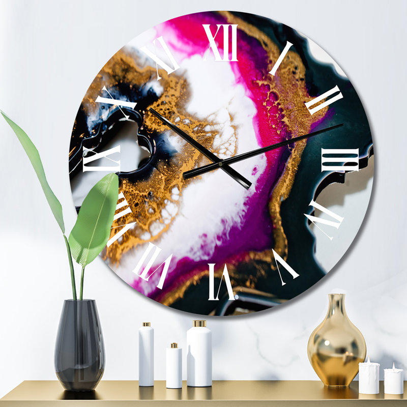 Horloge murale moderne or noir et marbre fuchsia, Petit