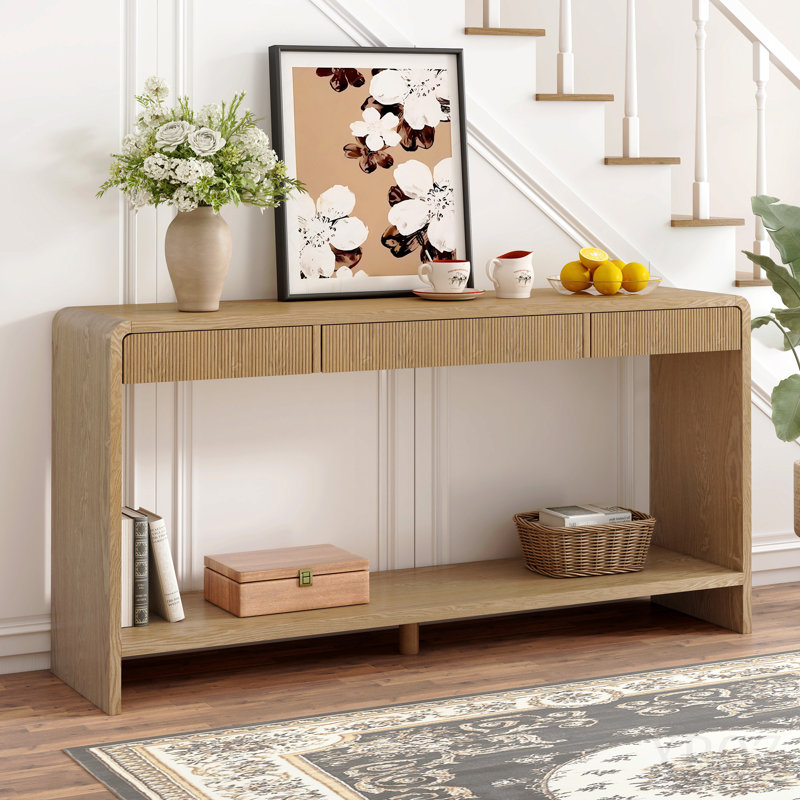 Console moderne à 3 tiroirs avec lattes verticales, conception à bord arrondi, parfaite pour le vestibule, le couloir ou derrière le canapé