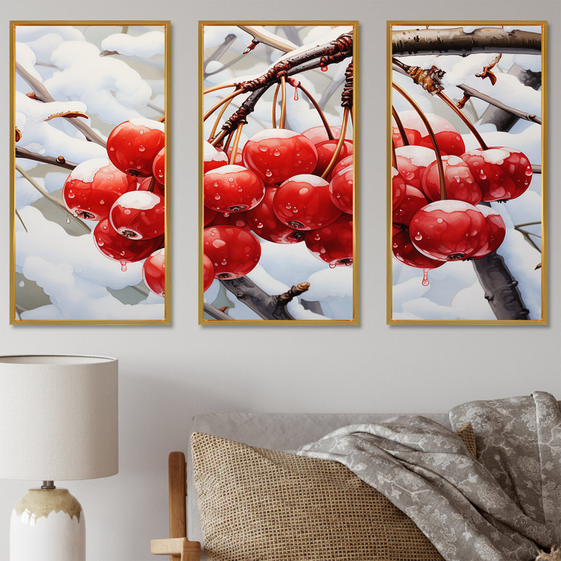 Hiver rouge cerisier - art mural cerise, Cadre flottant doré, H 40 po x l 60 po