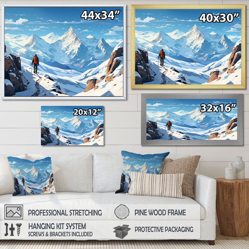 Randonnée, ski, montagne d'hiver - art mural, Cadre d'angle fermé noir, H 34 po x l 44 po x P 1,5 po