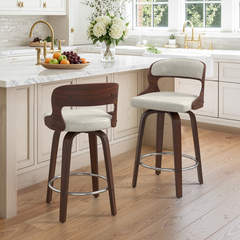 Adelene 26"Swivel Upholstered Counter Stool With Wood Leg, Light Beige