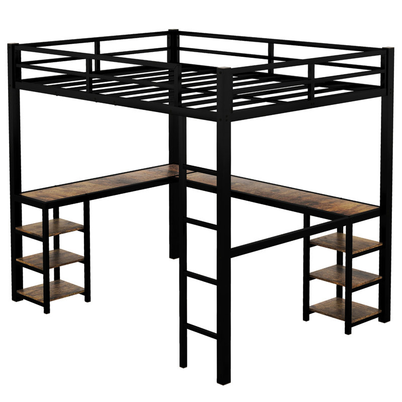 Lit mezzanine simple en métal TG - avec et tablettes, bureau noir TG, peu encombrant, Très grand simple, Noir / bois
