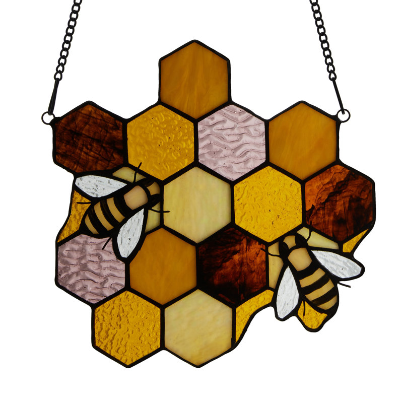 8.25"H Honeycomb Bees Tiffany-Style Window Panel