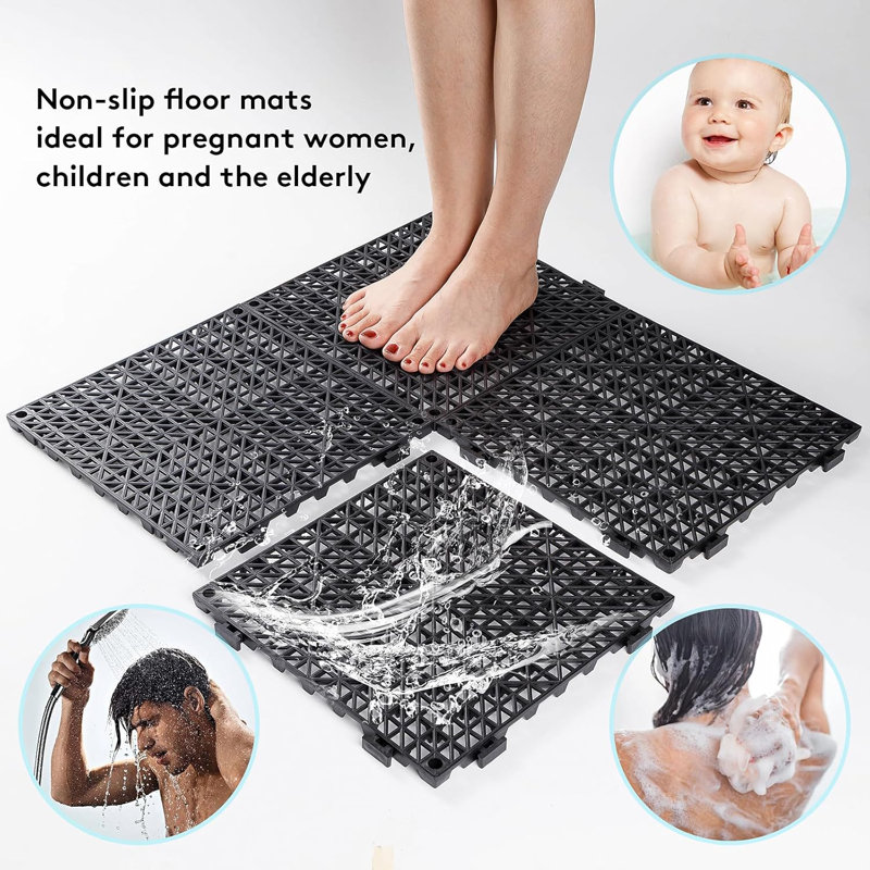 Tapis de drainage emboîtable 12 pièces, tapis de drainage en caoutchouc antidérapant avec trous 12 po x 12 po