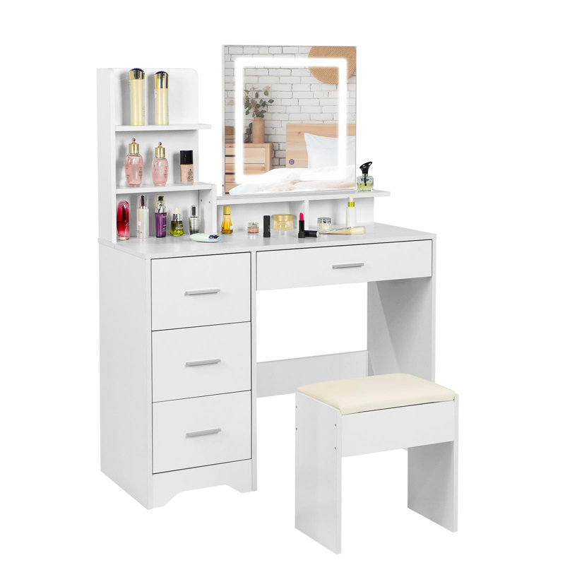 Dressing Table With Stool - 5 Shelves And 4 Drawers, Touch Screen Vanity Mirror With 3-Color Dimmable Light, White