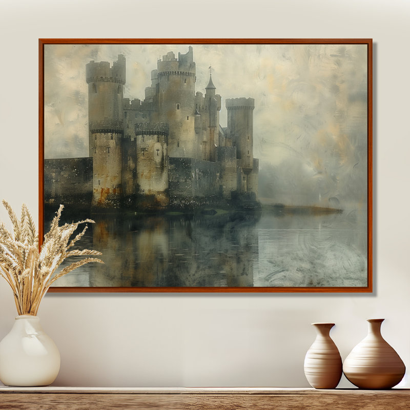 Impression d'art mural gris et beige, château d'hiver médiéval, Toile avec cadre flottant brun, H 12 po x l 20 po x P 1 po