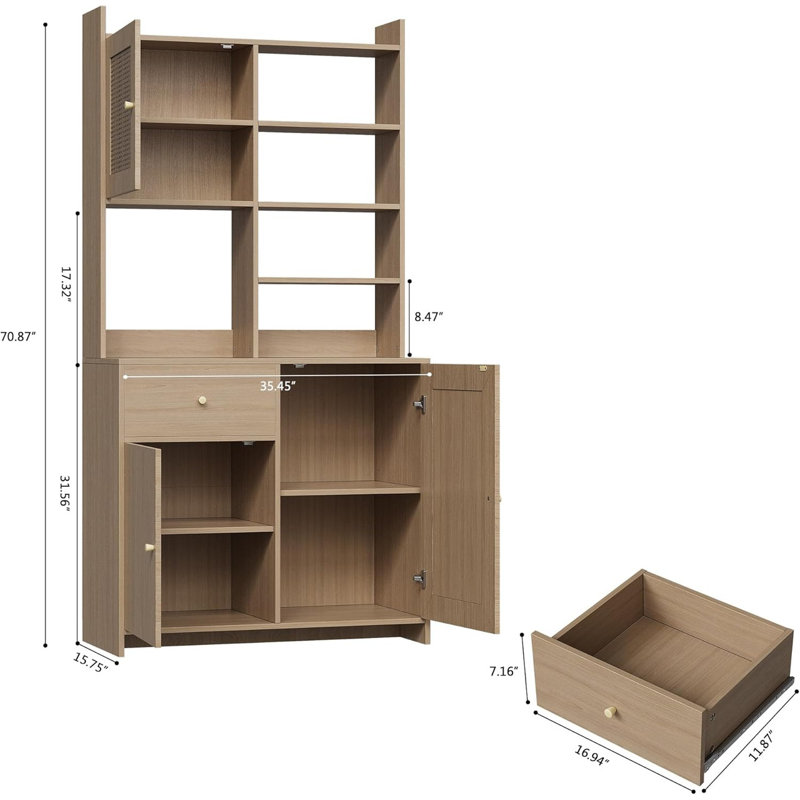 Garde-manger 71 po Farmhouse - Portes en rotin, support pour micro-ondes, tablettes réglables, buffet pour la cuisine, Brun