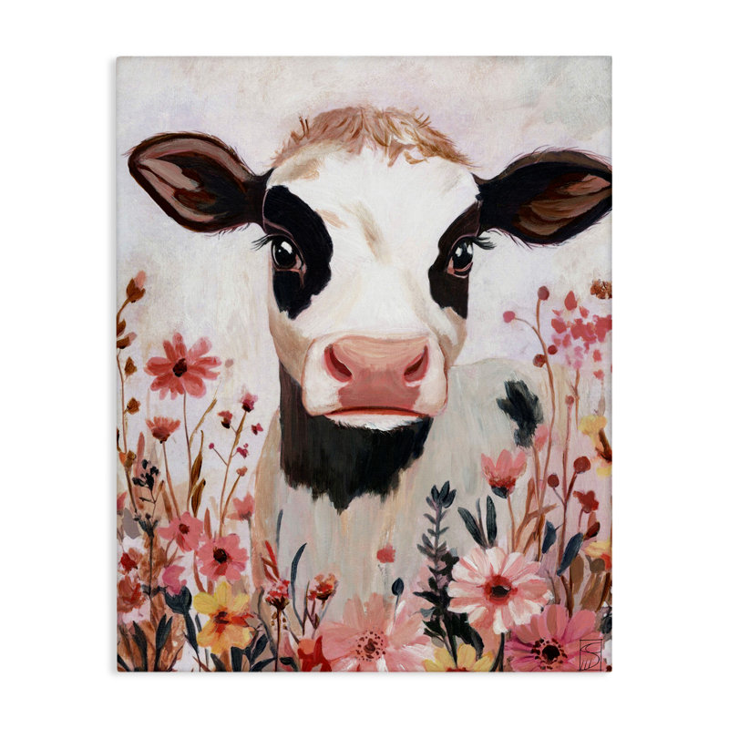 Vache et toile de fleurs sauvages roses, design par Sara Culpepper, H 48 po x l 36 po
