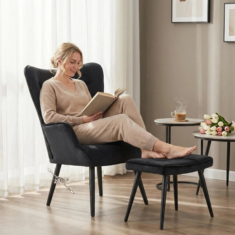 Tufted Wingback Chair and Ottoman, Black