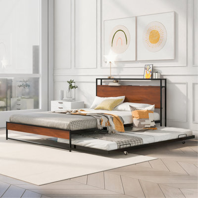 Base de lit plateforme en métal avec lit gigogne, ports USB et support à lattes, sans sommier noir