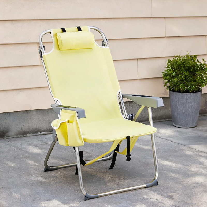 Chaise de plage jaune pâle avec structure en aluminium, revêtement en polyester 600D et dossier réglable sur cinq positions