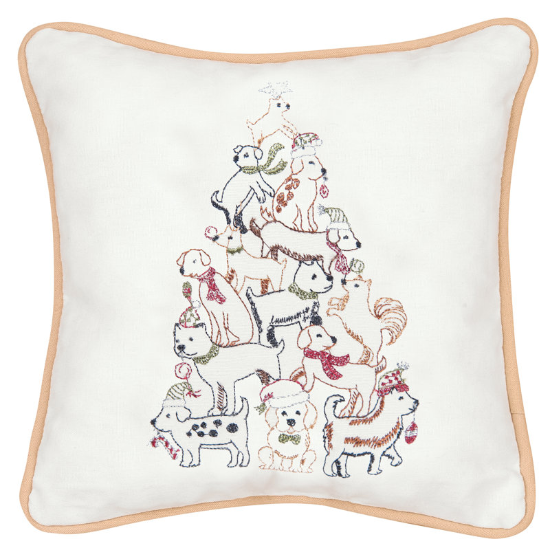 White Cotton Embroidered Christmas Puppy Tree Square Pillow