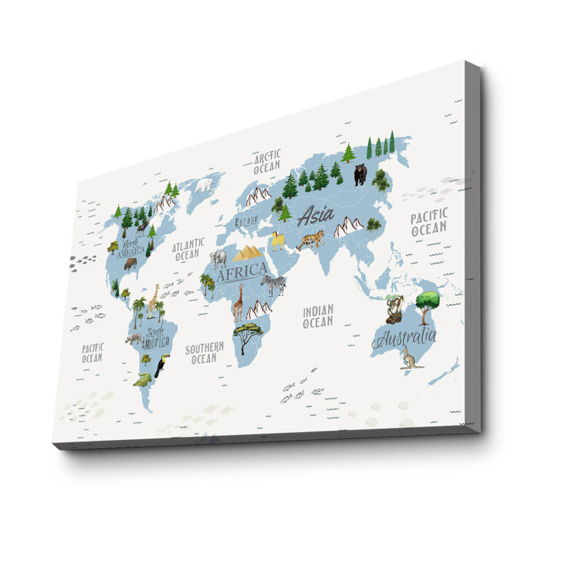 «World Map With Wildlife Kids», art mural en toile avec cadre en pin - 27,6 po x 17,7 po