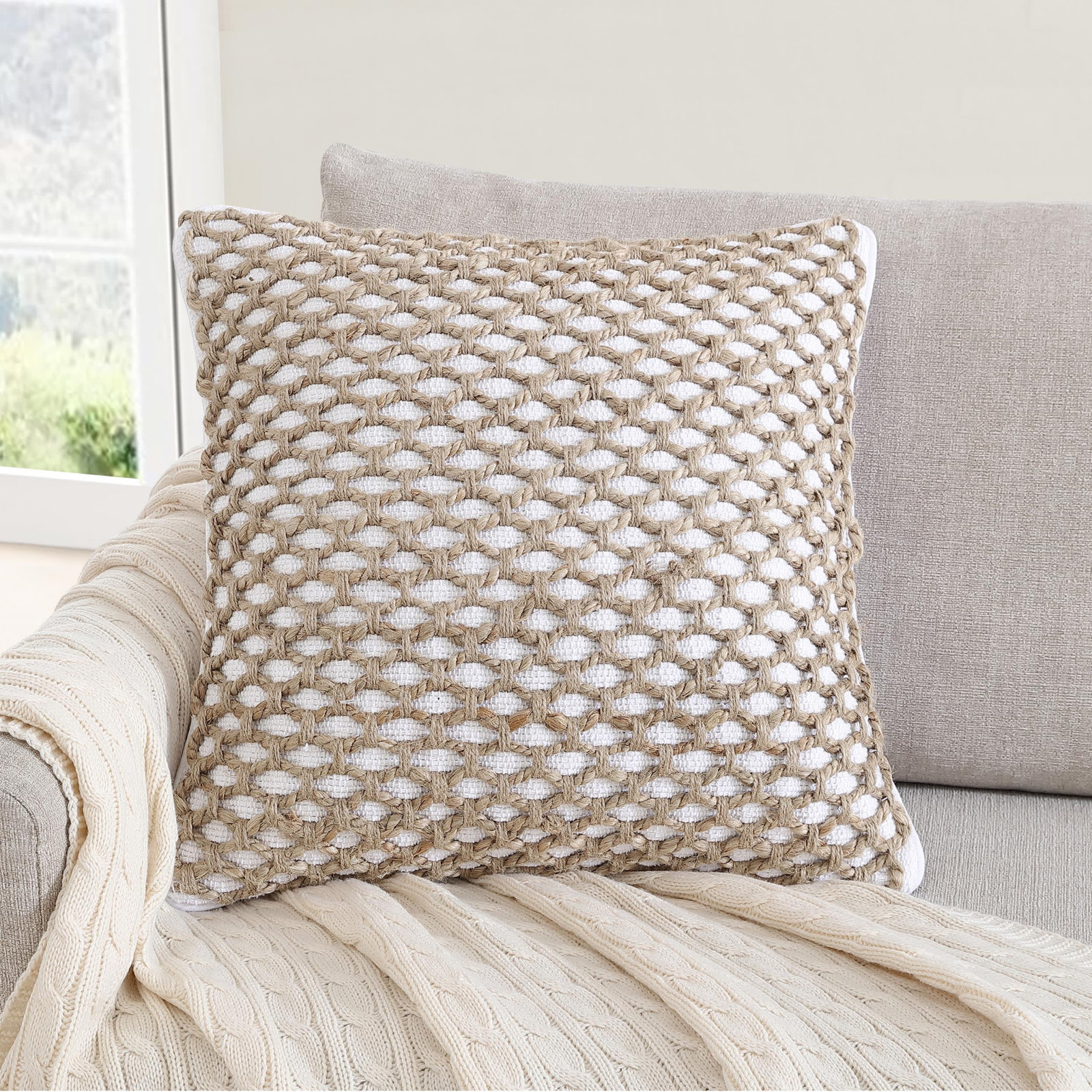 Ablo Textured Cotton Throw Pillow, White/Natural, Square 20"