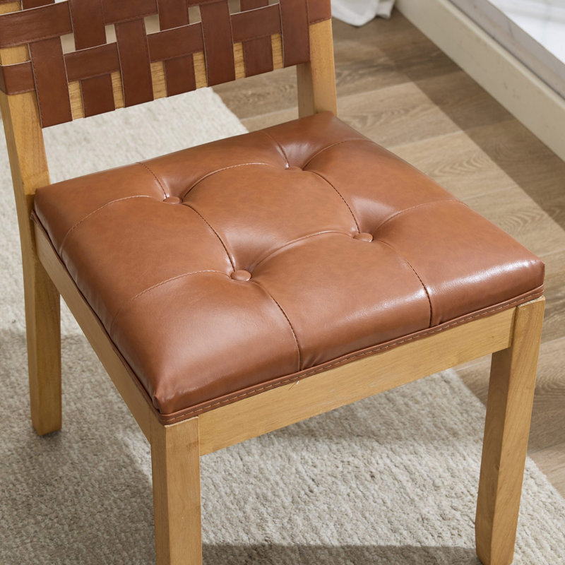 Ensemble de 2 chaises de salle à manger marron de style milieu du siècle, dossier en similicuir tissé, assise capitonnée rembourrée en mousse haute résilience, structure en hévéa massif pour la décoration intérieure