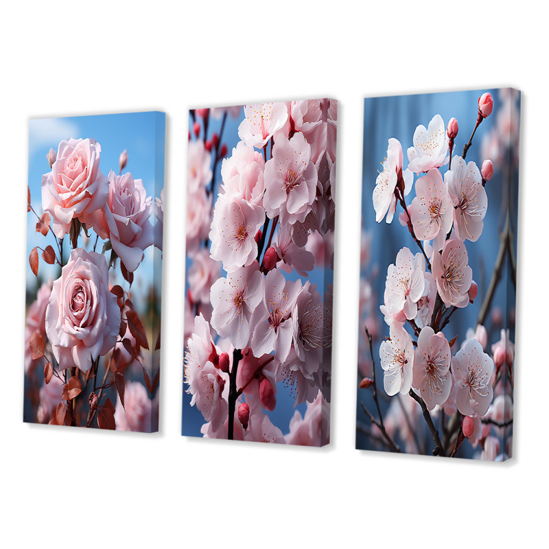 «Pink Flowers Pastel Elegance», ensemble de 3 pièces sur toile, Toile tendue, H 20 po x l 36 po