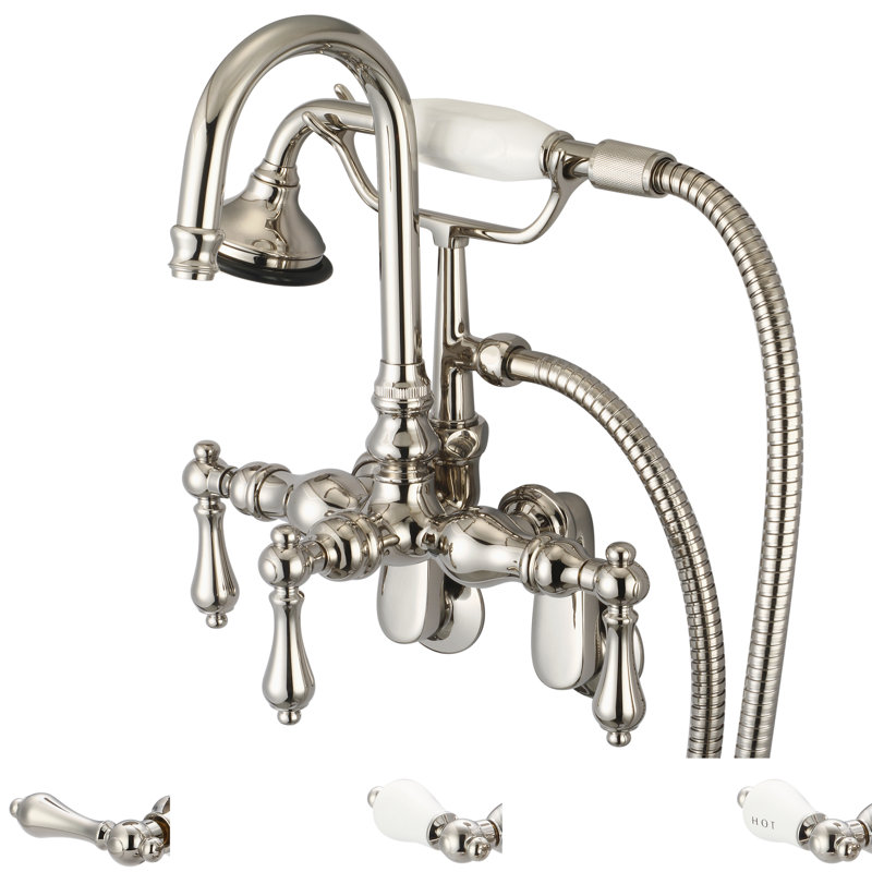 Stonington 3 Handle Wall Clawfoot Tub Faucet, Polished Nickel, Porcelain Lever Handles