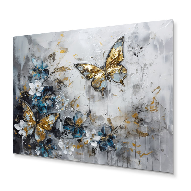 Ailes de papillon doré bleu et fleurs III sur impression métallique, H 24 po x l 32 po