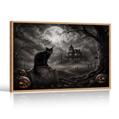 Art sur toile, "Chat noir sur pierre tombale avec maison hantée"