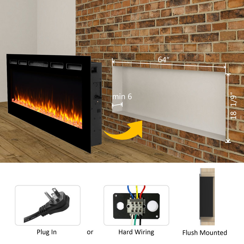 Puraflame Alice 68" Recessed Electric Fireplace, Flush Mounted for 2 X 6 Stud, Log Set & Crystal, 1500W Heater, Black