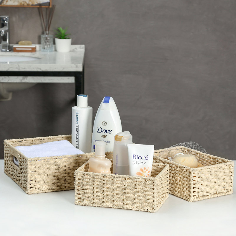 3 paniers de rangement tissés en papier 3 pièces, Beige
