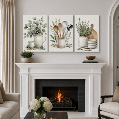 «Rustic Botanical Kitchen Still Life», art de cuisine, impression sur toile encadrée, 3 pièces