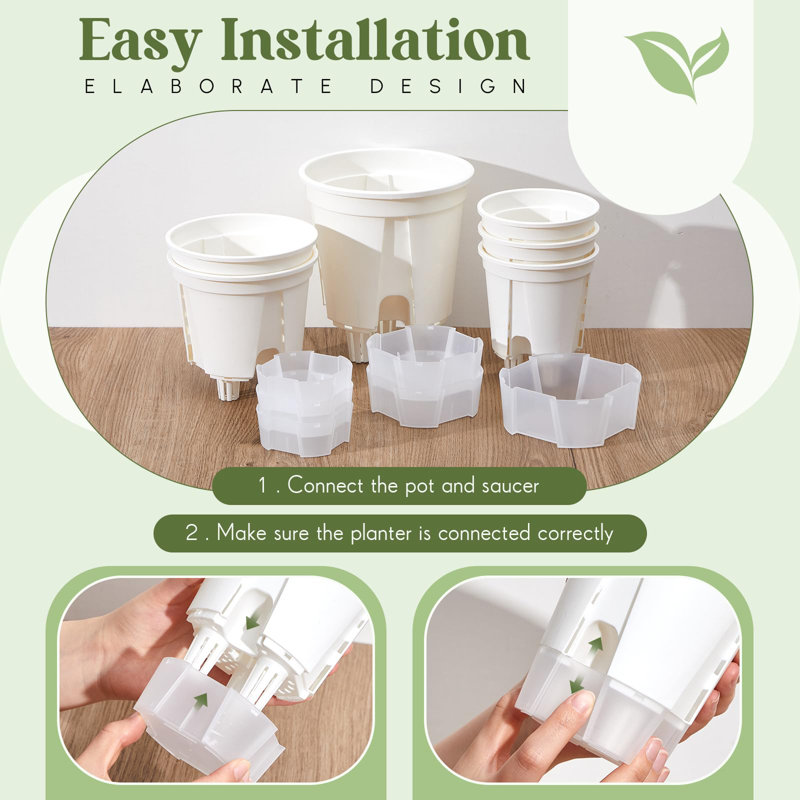 Lot de 10 pots de fleurs à réserve d'eau avec colonnes d'air amovibles - Pots à absorption d'eau automatique avec réservoir, 3 tailles : 12 cm, 15 cm et 18 cm, blanc