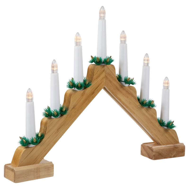 Pont candélabre de Noël à DEL - 13 po - Bois naturel - C6 lumières claires