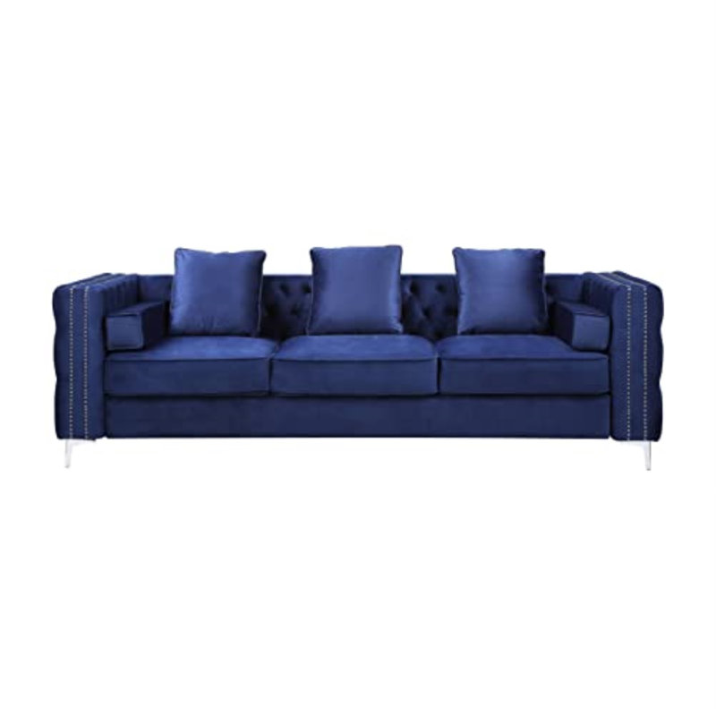 Canapé en velours Patrycja avec 5 coussins, Velours bleu, H 32,5 po x l 102 po x P 31,4 po