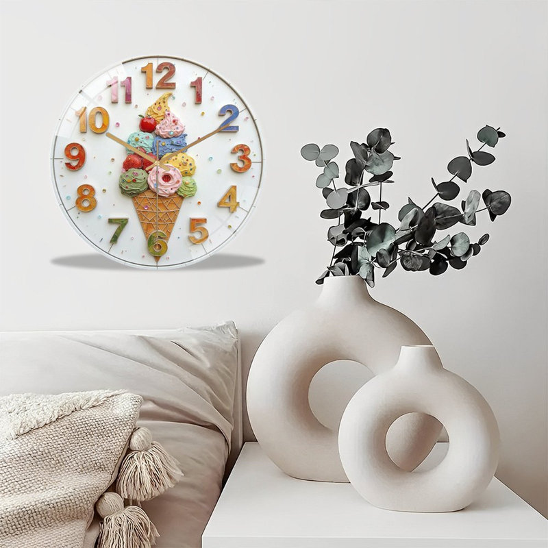 Horloge murale silencieuse en verre trempé de 30 cm, « Horloge murale en forme de cornet de glace », design unique, sans tic-tac, fonctionne avec des piles AA (non incluses), décoration artistique pour la maison