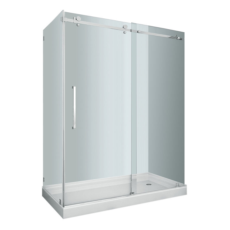 Cabine de douche rectangulaire sans cadre à porte coulissante avec base incluse l 60 po x P 35 po x H 77,5 po Moselle, Chrome