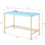 Bureau d'écriture rectangulaire bleu doré avec construction fixe intégrée, finition brillante, plateau en bois blanc et base en métal ouverte, largeur de produit de 20 pouces avec port, largeur ultrabrillante