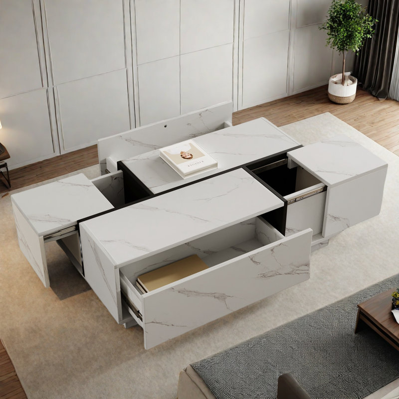 Rectangular Sliding Top Coffee Table With 2 Drawers And 2 Hidden Storage Compartments