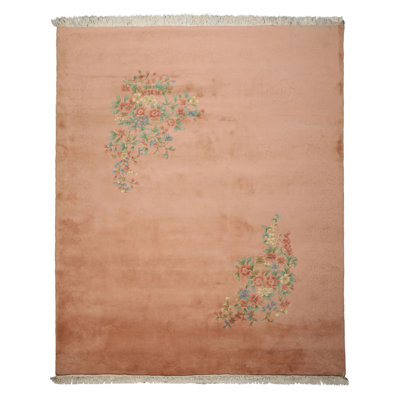 Tapis rose en laine noué à la main 8 pi x 10 po Savonnerie
