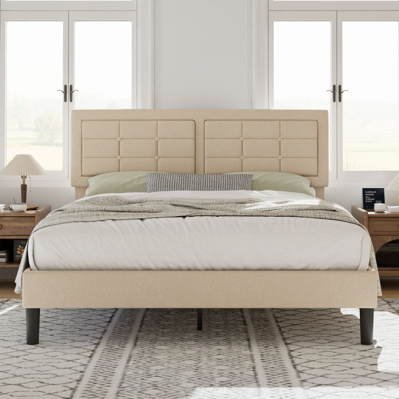 Structure de lit double Kempst, cadre de lit plateforme double rembourré avec tête de lit capitonnée à hauteur réglable, sommier robuste avec lattes de bois, aucun sommier requis, rangement sous le lit