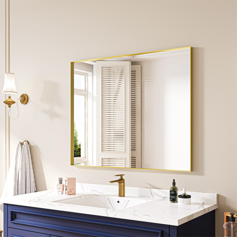 Metal Rectangle Mirror with Aluminum Frame, Bathroom Mirror with Resistant Glass, 32" x 40", Gold