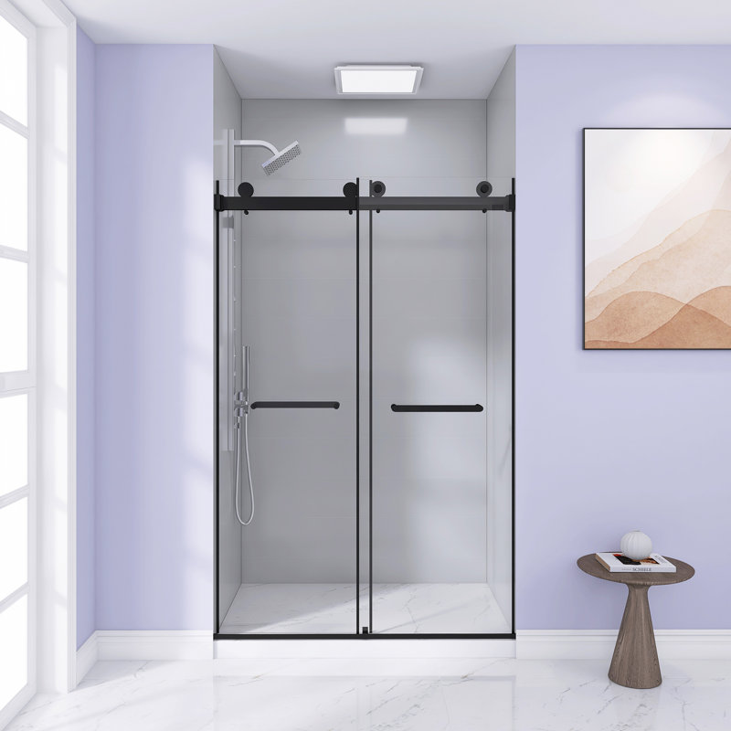 44-48 "W X 74" H Frameless Double Sliding Shower Door, 5/16 "(8Mm) Tempered Glass, Explosion Proof Film, Stainless Steel Handle, Square Tube Track, Matte Black